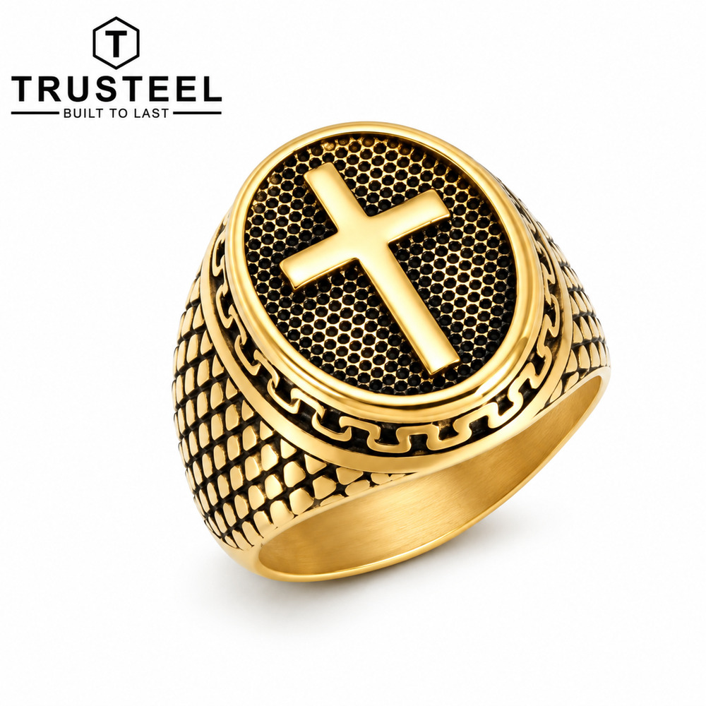 Men’s Stainless Steel Cross Signet Ring Christian Gothic Biker Statement Size 12